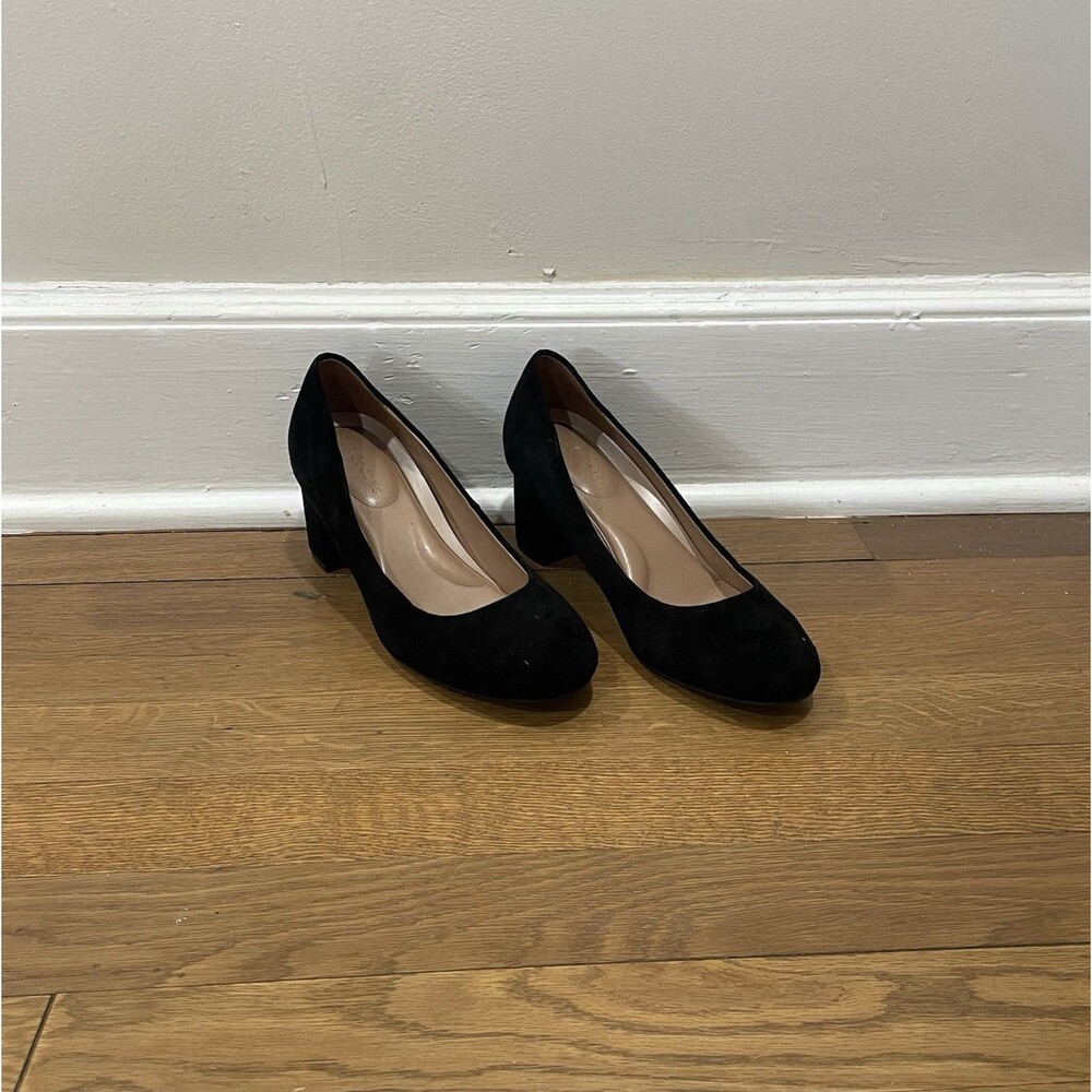 Aerosoles Black Suede Round Toe Block Heel Pump Comfort Shoes Sz 7 Career Office